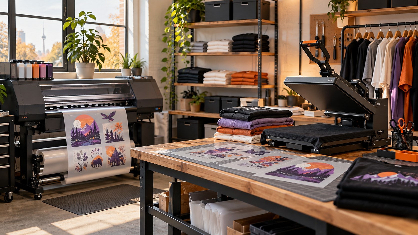 Illustrative custom apparel workshop scene