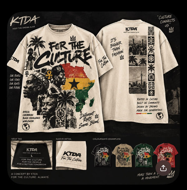 KTDA For The Culture T-shirt design concept with cultural collage graphics, typography and multiple colourway previews.