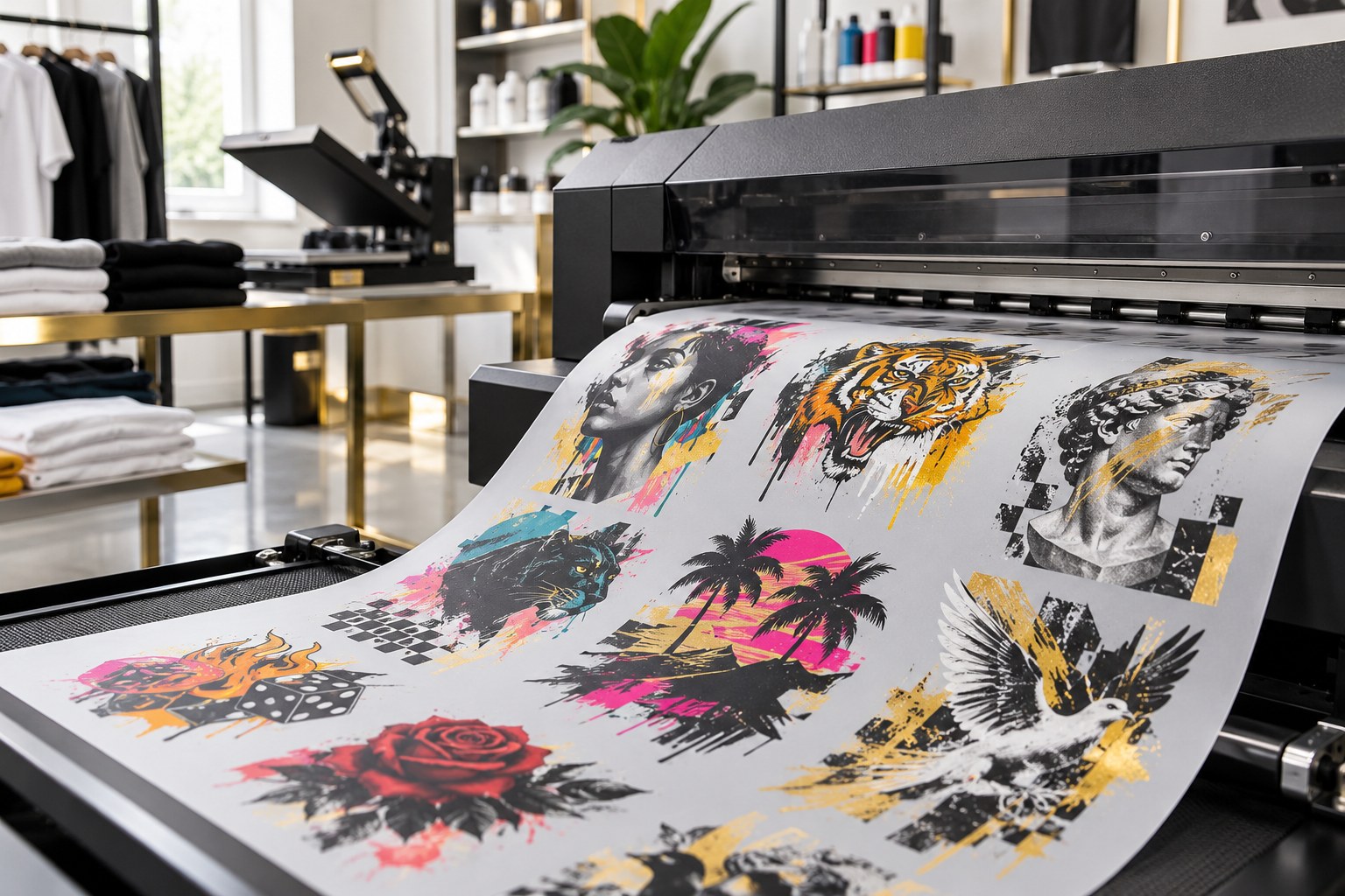 Custom apparel being prepared in a bright print studio